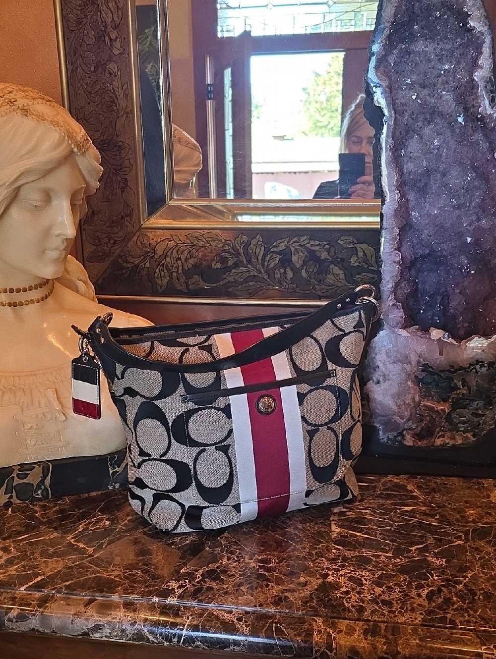 Coach Canvas Shoulder Bag in Red, Tan, Cream & Black. 14'W × 11' Tall. - Picture 13 of 16